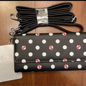 Disney Parks Minnie Mouse Polka Dots Black and White Crossbody Wallet NEW